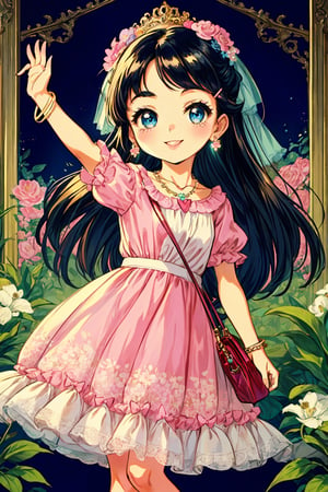 (best quality:1.2), (hyper detailed)
blue eyes, black hair, long hair,(parted bangs:1.2),(slicked back:0.8), smile,
(Loli:1.5), (child:1.5),
Style - Retro Charm

Background - Nostalgic Setting with Vintage Floral Patterns

Subject - Vintage-inspired Fashionista

View - Striking a Playful Pose in a Charming Garden

Appearance - Adorned in a Pink Retro Dress with Flower Accents

Outfit - Vintage Accessories and Cute Hair Accessories

Pose - Playfully Holding a Vintage Handbag

Details - Hair Adorned with a Cute Bow and Colorful Hairpins

Effects - Soft Pink Glow and Whimsical Backdrop

Description - Transport yourself to a world of "Retro Charm" with this delightful character. Dressed in a pink retro dress adorned with intricate flower accents, she embodies a sense of nostalgia and elegance. Her outfit is beautifully complemented by a collection of vintage accessories, including dainty earrings, a classic necklace, and a charming bracelet, all of which add a touch of old-world glamour to her look. To accentuate her playful style, her hair is adorned with a cute bow and colorful hairpins that catch the light as she moves. In a whimsical pose, she playfully holds a vintage handbag, showcasing her love for all things retro. Against a backdrop of vintage floral patterns, the soft pink glow highlights her features and adds to the enchanting atmosphere. This character is the epitome of vintage-inspired fashion, capturing the essence of a bygone era with a modern twist and a touch of cute charm.