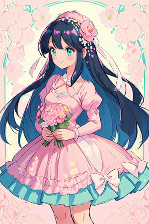 (best quality:1.2), (hyper detailed)
blue eyes, black hair, long hair,(parted bangs:1.2),(slicked back:0.8), smile,

Style - Retro-inspired Charm and Floral Elegance

Background - Vintage Floral Patterns and Soft Pink Hues

Subject - Lovely and Cute Character with a Nostalgic Twist

View - Playful Scene in a Charming Garden

Appearance - Adorned in a Pink Retro Dress with Flower Details

Outfit - Vintage Accessories and Cute Hair Adornments

Pose - Holding a Bouquet of Delicate Flowers

Details - Flowing Hair with a Cute Bow, Colorful Accessories

Effects - Soft Pink Glow and Playful Backdrop

Description - Immerse yourself in the world of "Retro-inspired Charm and Floral Elegance" as you meet this lovely character. With a playful and cute demeanor, she captures the essence of nostalgia with a modern twist. Against a backdrop of vintage floral patterns and soft pink hues, she stands out in her pink retro dress adorned with intricate flower details. Her outfit is completed by a variety of vintage accessories and cute hair adornments, adding to her charming appearance. In a graceful pose, she holds a bouquet of delicate flowers, radiating a sense of joy and elegance. Her flowing hair, adorned with a cute bow and colorful accessories, enhances her whimsical aura. The soft pink glow and playful backdrop create a magical atmosphere, making it feel like you've stepped into a retro wonderland. With her endearing charm and floral elegance, this character embodies the perfect blend of the past and present.