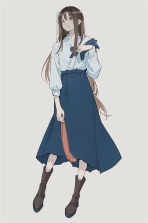 (best quality),masterpiece,simpe face,manga,brown-hair,long_hair,cowboy_shot,casual cloth and long skirt,flat style,simple_background,white background,napata,ohara koson,inksketch