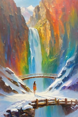 artistic oil painting stick,rough,(uneven),shadow,(1girl:1.3),solo,((waterfall)),(Bridge:1.5),(snow mountain:1.7),Rainbow,(naked_towel:0.2),abstract paintings,