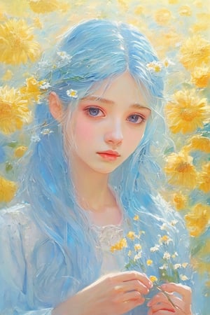 (Animation style:1.5),(1girl:1.3),solo,loli,long_hair,artistic oil painting stick,rough,(uneven),(embossment:1.2),light_blue_hair,portrait,(flower:0.3)