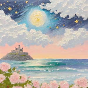 artistic oil painting stick,,(castle:1.5),white clouds, galaxies,starry sky,sea,rough,(uneven),embossment,rose