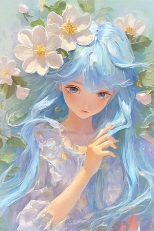 (Animation style:1.1),(1girl:1.3),solo,loli,long_hair,artistic oil painting stick,rough,(uneven),(embossment),light_blue_hair,portrait,(flower:0.3)