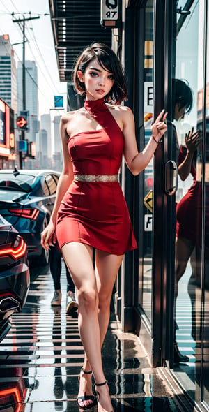 hot girls with short dress and short hair, sexy,
red dress, persian, with boyfriend, cyberpunk