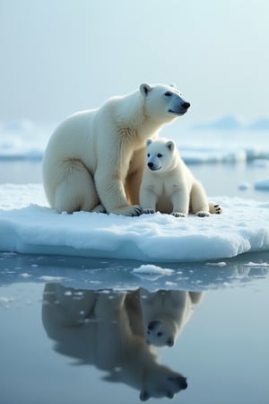 On a vast piece of floating ice, a mother polar bear and her cub huddle together, the mother bear's snow-white fur shimmering with a silvery light, gazing solemnly and majestically into the distance. Beside her, the fluffy cub's body jumps playfully, frolicking with the mother bear. Their reflections are clearly mirrored on the calm sea surface,