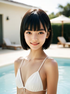 A photo portrait of a fashion model with short, straight black hair, bangs, and a side part. (Age 15-17:1.8). She has a gentle smile, light makeup, and is wearing a white bikini. The background is soft-focused with a neutral color palette, emphasizing the subject. The lighting is soft and diffused, highlighting her features and giving the image a warm, inviting atmosphere. (In a luxurious swimming pool:1.3)

More Reasonable Details,aesthetic portrait,FilmGirl,hubggirl,more detail XL