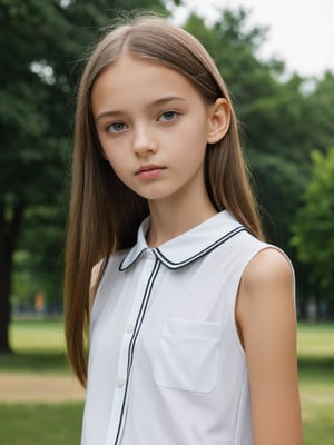 a half-body portrait photo of a Russian fashion model, (age 12-15:2), (dynamic pose:1.3), upper body, close up, gorgeous face, highly detailed face, smooth soft skin, looking at viewer, (from side:0.9), make up, (pubescent girl, short girl, slender girl, very thin:1.2), (summer school uniform:1.1), (outdoors, in deserted park, in the morning, dark background:1.4),

More Reasonable Details,