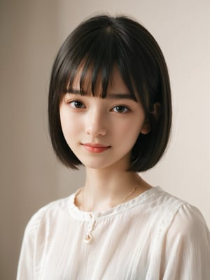 A photorealistic digital portrait of a Russian girl with short, straight black hair, bangs, and a side part. (Age 15-17:1.8). She has a gentle smile, light makeup, and is wearing a white shirt. The background is soft-focused with a neutral color palette, emphasizing the subject. The lighting is soft and diffused, highlighting her features and giving the image a warm, inviting atmosphere.

More Reasonable Details,aesthetic portrait,FilmGirl,hubggirl