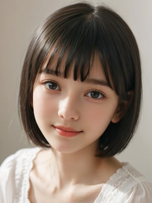 A photorealistic digital portrait of a young Russian girl with short, straight black hair, bangs, and a side part. (Age 15-17:1.8). She has a gentle smile, light makeup, and is wearing a white shirt. The background is soft-focused with a neutral color palette, emphasizing the subject. The lighting is soft and diffused, highlighting her features and giving the image a warm, inviting atmosphere.

More Reasonable Details,aesthetic portrait,FilmGirl,hubggirl