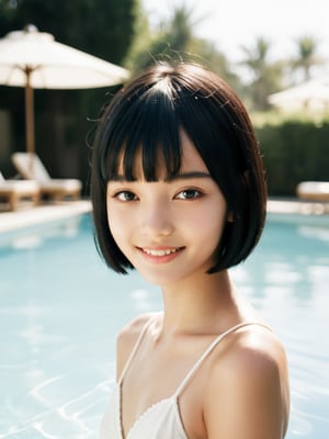 A photo portrait of a fashion model with short, straight black hair, bangs, and a side part. (Age 15-17:1.8). She has a gentle smile, light makeup, and is wearing a white bikini. The background is soft-focused with a neutral color palette, emphasizing the subject. The lighting is soft and diffused, highlighting her features and giving the image a warm, inviting atmosphere. (In a luxurious swimming pool:1.3)

More Reasonable Details,aesthetic portrait,FilmGirl,hubggirl,more detail XL
