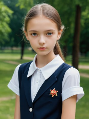 a half-body portrait photo of a Russian fashion model, (age 12-15:2), (dynamic pose:1.3), upper body, close up, gorgeous face, highly detailed face, smooth soft skin, looking at viewer, (from side:0.9), make up, (pubescent girl, short girl, slender girl, very thin:1.2), (summer school uniform:1.1), (outdoors, in deserted park, in the morning, dark background:1.4),

More Reasonable Details,