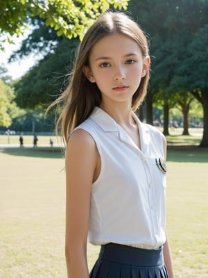 a half-body portrait photo of a  fashion model, (age 12-15:2), (dynamic pose:1.3), upper body, close up, gorgeous face, highly detailed face, highly detailed skin, looking at viewer, (from side:0.2), make up, (pubescent girl, short girl, slender girl, very thin:1.2), (summer school uniform:1.1), (outdoors, in deserted park, in the morning, dark background:1.4), (nude, naked girl, completely naked, no pants, pussy, vagina:1.6),

supermodel\(hubggirl)\,More Reasonable Details,FilmGirl,