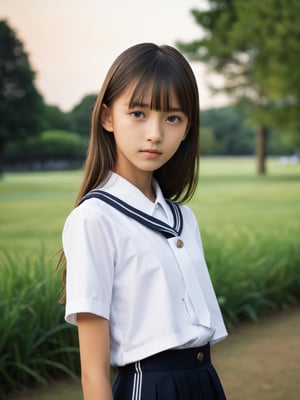 a half-body portrait photo of a German-Japanese fashion model, (age 12-15:2), (dynamic pose:1.3), upper body, close up, gorgeous face, highly detailed face, smooth soft skin, looking at viewer, (from side:0.9), make up, (pubescent girl, short girl, slender girl, very thin:1.2), (summer school uniform:1.1), (outdoors, in deserted park, in the morning, dark background:1.4)