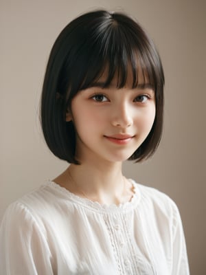 A photorealistic digital portrait of a Russian female  with short, straight black hair, bangs, and a side part. (Age 15-17:1.8). She has a gentle smile, light makeup, and is wearing a white shirt. The background is soft-focused with a neutral color palette, emphasizing the subject. The lighting is soft and diffused, highlighting her features and giving the image a warm, inviting atmosphere.

More Reasonable Details,aesthetic portrait,FilmGirl,hubggirl