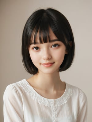 A photorealistic digital portrait of a Russian girl with short, straight black hair, bangs, and a side part. (Age 15-17:1.8). She has a gentle smile, light makeup, and is wearing a white shirt. The background is soft-focused with a neutral color palette, emphasizing the subject. The lighting is soft and diffused, highlighting her features and giving the image a warm, inviting atmosphere.

More Reasonable Details,aesthetic portrait,FilmGirl,hubggirl