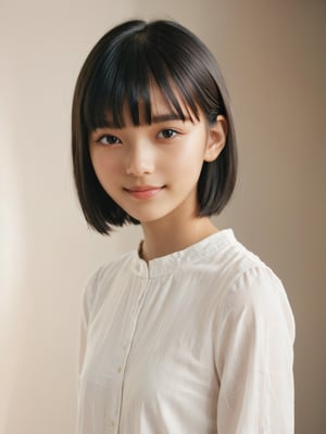 A photorealistic digital portrait of a fashion model with short, straight black hair, bangs, and a side part. (Age 15-17:1.8). She has a gentle smile, light makeup, and is wearing a white shirt. The background is soft-focused with a neutral color palette, emphasizing the subject. The lighting is soft and diffused, highlighting her features and giving the image a warm, inviting atmosphere.

More Reasonable Details,aesthetic portrait,FilmGirl,hubggirl