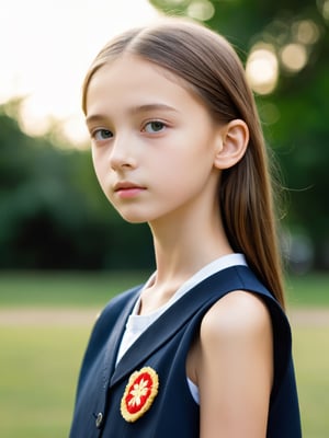 a half-body portrait photo of a German-Russian fashion model, (age 12-15:2), (dynamic pose:1.3), upper body, close up, gorgeous face, highly detailed face, smooth soft skin, looking at viewer, (from side:0.9), make up, (pubescent girl, short girl, slender girl, very thin:1.2), (summer school uniform:1.1), (outdoors, in deserted park, in the morning, dark background:1.4)