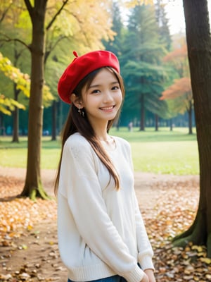 Imagine a young girl, aged between 14 and 17, with long flowing hair cascading down her back. She has a bright and infectious smile on her face, radiating warmth and joy. The girl is slender with a skinny body and very thin frame, but she carries herself with confidence and grace. 

She is standing alone in a deserted park, surrounded by nature's tranquility. The park is located outdoors, with lush greenery and towering trees providing a serene backdrop. The girl is dressed in a cozy white sweater that hugs her slim figure, complemented by a vibrant red fur-beret perched on top of her head. She accessorizes with delicate ear rings that catch the sunlight and sparkle with every movement.

The atmosphere in the park is calm and peaceful, with a gentle breeze rustling the leaves and birds chirping in the distance. The girl seems to be lost in her own thoughts, enjoying the solitude and the beauty of the surroundings. Despite being alone, she exudes a sense of contentment and inner peace, as if she has found a sanctuary in this deserted park.

This scene captures the essence of a young girl's innocence and resilience, as she navigates the complexities of adolescence with a smile on her face and a hopeful heart. The combination of her youthful appearance, the serene outdoor setting, and her stylish yet understated outfit creates a visually captivating image that evokes a sense of tranquility and wonder.
