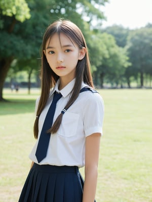 a half-body portrait photo of a fashion model, (age 12-15:1.2), (dynamic pose:1.3), upper body, close up, gorgeous face, highly detailed face, smooth soft skin, looking at viewer, (from side:0.9), make up, (pubescent girl, short girl, slender girl, very thin:1.2), (summer school uniform:1.1), (outdoors, in deserted park, in the morning, dark background:1.4),

More Reasonable Details,