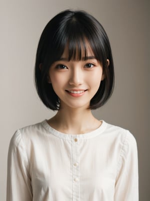 A photorealistic digital portrait of a young woman with short, straight black hair, bangs, and a side part. She has a gentle smile, light makeup, and is wearing a white shirt. The background is soft-focused with a neutral color palette, emphasizing the subject. The lighting is soft and diffused, highlighting her features and giving the image a warm, inviting atmosphere.

More Reasonable Details,aesthetic portrait,FilmGirl,hubggirl