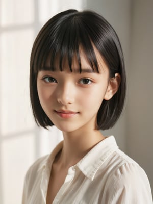 A photorealistic digital portrait of a fashion model with short, straight black hair, bangs, and a side part. (Age 15-17:1.8). She has a gentle smile, light makeup, and is wearing a white shirt. The background is soft-focused with a neutral color palette, emphasizing the subject. The lighting is soft and diffused, highlighting her features and giving the image a warm, inviting atmosphere.

More Reasonable Details,aesthetic portrait,FilmGirl,hubggirl