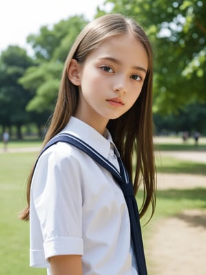 a half-body portrait photo of a fashion model, (age 12-15:1.2), (dynamic pose:1.3), upper body, close up, gorgeous face, highly detailed face, smooth soft skin, looking at viewer, (from side:0.9), make up, (pubescent girl, short girl, slender girl, very thin:1.2), (summer school uniform:1.1), (outdoors, in deserted park, in the morning, dark background:1.4),

More Reasonable Details,