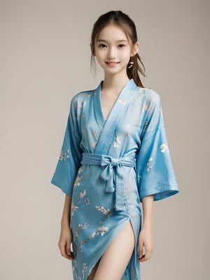 A photorealistic analog portrait of a young fashion model. (age 12-15, preteen girl, pretty girl:1). (nude, naked body, no public hair:1.6), (slender girl, skinny body, very thin:1.3), She has a gentle smile, light makeup, and is (wearing an erotic dropped kimono dress:1.2). (beautiful hairstyle, ponytail:1.2),(high heels, dancing:0.8), The background is soft-focused with a neutral color palette, emphasizing the subject. The lighting is soft and diffused, highlighting her features and giving the image a warm, inviting atmosphere. (blank background:1.2)

More Reasonable Details,aesthetic portrait,FilmGirl,hubggirl,more detail XL,More Reasonable Details