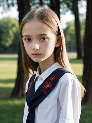 a half-body portrait photo of a Russian fashion model, (age 12-15:2), (dynamic pose:1.3), upper body, close up, gorgeous face, highly detailed face, smooth soft skin, looking at viewer, (from side:0.9), make up, (pubescent girl, short girl, slender girl, very thin:1.2), (summer school uniform:1.1), (outdoors, in deserted park, in the morning, dark background:1.4)