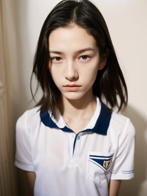 a half-body portrait photo of a young Russian model, (age 14-17:2), gorgeous face, (smooth soft skin, clean skin:1.2), looking at viewer, make up, (blank background:1.1), (school uniform:1.5), (nude, naked girl, completely_naked, uncovered private parts, pussy, vagina:0.9), (slender girl, skinny body, very thin:1.2),FilmGirl, Detailedface