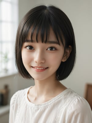 A photorealistic digital portrait of a young girl with short, straight black hair, bangs, and a side part. She has a gentle smile, light makeup, and is wearing a white shirt. The background is soft-focused with a neutral color palette, emphasizing the subject. The lighting is soft and diffused, highlighting her features and giving the image a warm, inviting atmosphere.

More Reasonable Details,aesthetic portrait,FilmGirl,hubggirl