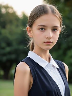 a half-body portrait photo of a German fashion model, (age 12-15:2), (dynamic pose:1.3), upper body, close up, gorgeous face, highly detailed face, smooth soft skin, looking at viewer, (from side:0.9), make up, (pubescent girl, short girl, slender girl, very thin:1.2), (summer school uniform:1.1), (outdoors, in deserted park, in the morning, dark background:1.4)