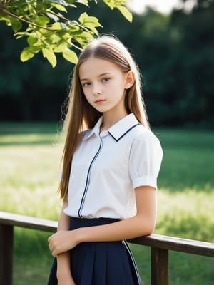 a half-body portrait photo of a Russian fashion model, (age 12-15:2), (dynamic pose:1.3), upper body, close up, gorgeous face, highly detailed face, smooth soft skin, looking at viewer, (from side:0.9), make up, (pubescent girl, short girl, slender girl, very thin:1.2), (summer school uniform:1.1), (outdoors, in deserted park, in the morning, dark background:1.4)