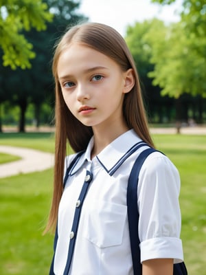 a half-body portrait photo of a Russian fashion model, (age 12-15:1.2), (dynamic pose:1.3), upper body, close up, gorgeous face, highly detailed face, smooth soft skin, looking at viewer, (from side:0.9), make up, (pubescent girl, short girl, slender girl, very thin:1.2), (summer school uniform:1.1), (outdoors, in deserted park, in the morning, dark background:1.4),

More Reasonable Details,