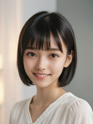 A photorealistic digital portrait of a young girl with short, straight black hair, bangs, and a side part. She has a gentle smile, light makeup, and is wearing a white shirt. The background is soft-focused with a neutral color palette, emphasizing the subject. The lighting is soft and diffused, highlighting her features and giving the image a warm, inviting atmosphere.

More Reasonable Details,aesthetic portrait,FilmGirl,hubggirl