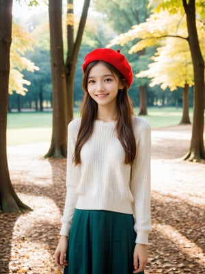 Imagine a young girl, aged between 14 and 17, with long flowing hair cascading down her back. She has a bright and infectious smile on her face, radiating warmth and joy. The girl is slender with a skinny body and very thin frame, but she carries herself with confidence and grace. 

She is standing alone in a deserted park, surrounded by nature's tranquility. The park is located outdoors, with lush greenery and towering trees providing a serene backdrop. The girl is dressed in a cozy white sweater that hugs her slim figure, complemented by a vibrant red fur-beret perched on top of her head. She accessorizes with delicate ear rings that catch the sunlight and sparkle with every movement.

The atmosphere in the park is calm and peaceful, with a gentle breeze rustling the leaves and birds chirping in the distance. The girl seems to be lost in her own thoughts, enjoying the solitude and the beauty of the surroundings. Despite being alone, she exudes a sense of contentment and inner peace, as if she has found a sanctuary in this deserted park.

This scene captures the essence of a young girl's innocence and resilience, as she navigates the complexities of adolescence with a smile on her face and a hopeful heart. The combination of her youthful appearance, the serene outdoor setting, and her stylish yet understated outfit creates a visually captivating image that evokes a sense of tranquility and wonder.
,More Reasonable Details