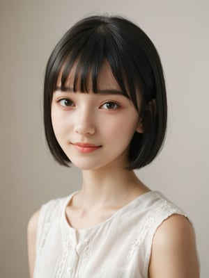 A photorealistic digital portrait of a Russian female with short, straight black hair, bangs, and a side part. (Age 15-17:1.8). She has a gentle smile, light makeup, and is wearing a white shirt. The background is soft-focused with a neutral color palette, emphasizing the subject. The lighting is soft and diffused, highlighting her features and giving the image a warm, inviting atmosphere.

More Reasonable Details,aesthetic portrait,FilmGirl,hubggirl