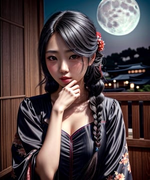 best quality,masterpiece,ultra high res,photorealistic,nsfw, wide angle of a japanese girl,1girl,solo, wearing Technomancer Kurti, Hands on face, Braids hair, Spring, Cosy, Vorticism Art, Moonlit, film grain, film camera, Depth of field 270mm, Offset print, absurdres, wallpaper