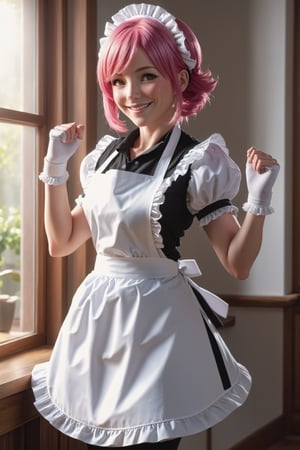 1girl, pink hair, maid, maid apron, wrist cuffs, upper body, tsurime, large breasts, milf, mature women, masterpiece, high quality, absurdres, cinematic lighting, sunbeam, large window, indoors, light smile,