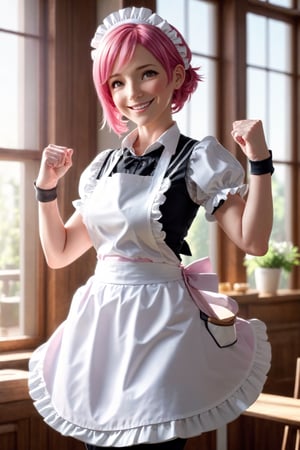 1girl, pink hair, maid, maid apron, wrist cuffs, upper body, tsurime, large breasts, milf, mature women, masterpiece, high quality, absurdres, cinematic lighting, sunbeam, large window, indoors, light smile,
