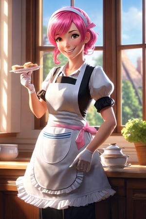 1girl, pink hair, maid, maid apron, wrist cuffs, upper body, tsurime, large breasts, milf, mature women, masterpiece, high quality, absurdres, cinematic lighting, sunbeam, large window, indoors, light smile,