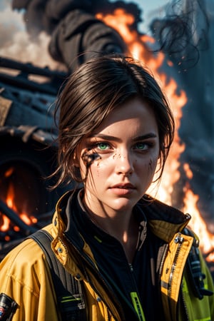 Beautiful face of American female firefighter, short black hair, green eyes, near a fire, face smeared with smoke