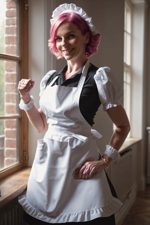 1girl, pink hair, maid, maid apron, wrist cuffs, upper body, large breasts, milf, mature women, masterpiece, high quality, absurdres, cinematic lighting, sunbeam, large window, indoors, light smile,