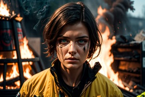 Beautiful face of American female firefighter, short black hair, green eyes, near a fire, smoke-stained face, tired face