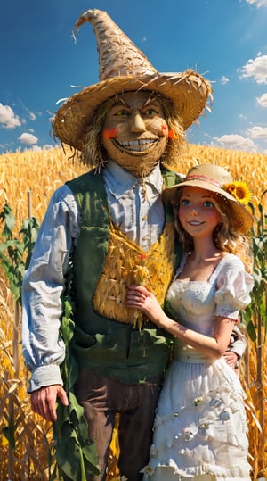 A scarecrow, made entirely of straw, with a straw hat, and his realistic bride attached to him, ((the scarecrow's head made entirely of straw)), standing in the middle of a cornfield, a very bright day, a bright sun, comedy, cinematic (by Jim Carrey), light colors, refreshing atmosphere, outdoor scene, realistic details, high resolution
