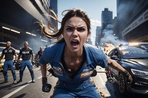 Close-up of a female car mechanic with a big wrench in her hand, charging at the police at a demonstration, face a little grease smeared, fight shout mockery, hyper details, fierce facial expression, dressed in a jumpsuit mechanics, street conflict, large city street background, dramatic cinematic lighting, concept art, Unreal Engine 5, RTX, Ray Tracing, photorealistic