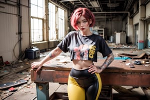 1 girl, full body, curvy body, dull black and yellow leggings, printed cropped t-shirt, urban style, perfect face, perfect eyes, short pink hair, tattoos, mix of fantasy and realism, inside an abandoned oil plant , ultra high resolution, 8k, HDR