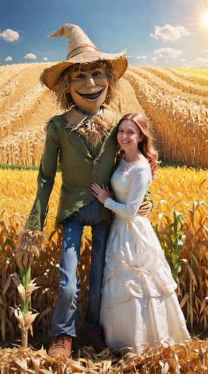 A scarecrow, made entirely of straw, with a straw hat, and his realistic bride attached to him, ((the scarecrow's head made entirely of straw)), standing in the middle of a cornfield, a very bright day, a bright sun, comedy, cinematic (by Jim Carrey), light colors, refreshing atmosphere, outdoor scene, realistic details, high resolution