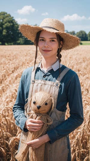 A scarecrow, made entirely of straw, with a straw hat, and his realistic bride attached to him, ((the scarecrow's head made entirely of straw)), standing in the middle of a cornfield, a very bright day, a bright sun, comedy, cinematic (by Jim Carrey), light colors, refreshing atmosphere, outdoor scene, realistic details, high resolution