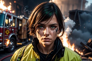 Beautiful face of American female firefighter, short black hair, green eyes, near a fire, smoke-stained face, tired face