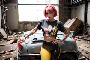 1 girl, full body, curvy body, dull black and yellow leggings, printed cropped t-shirt, urban style, perfect face, perfect eyes, short pink hair, tattoos, mix of fantasy and realism, inside an abandoned oil plant , ultra high resolution, 8k, HDR